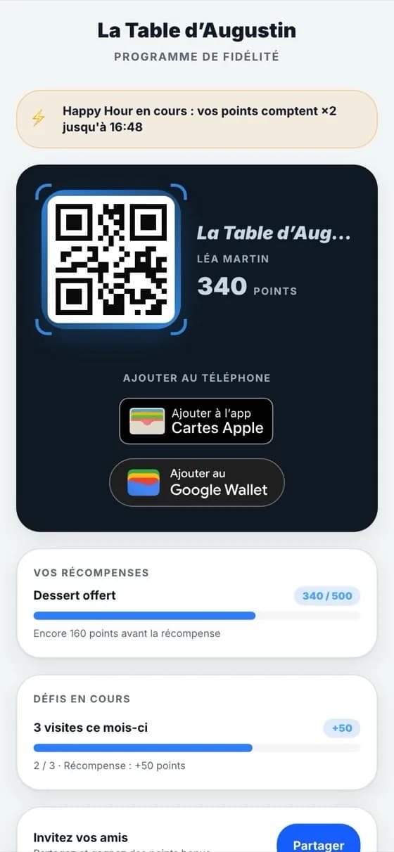 Page carte du client : solde de points, progression vers la récompense, défi en cours et Happy Hour active